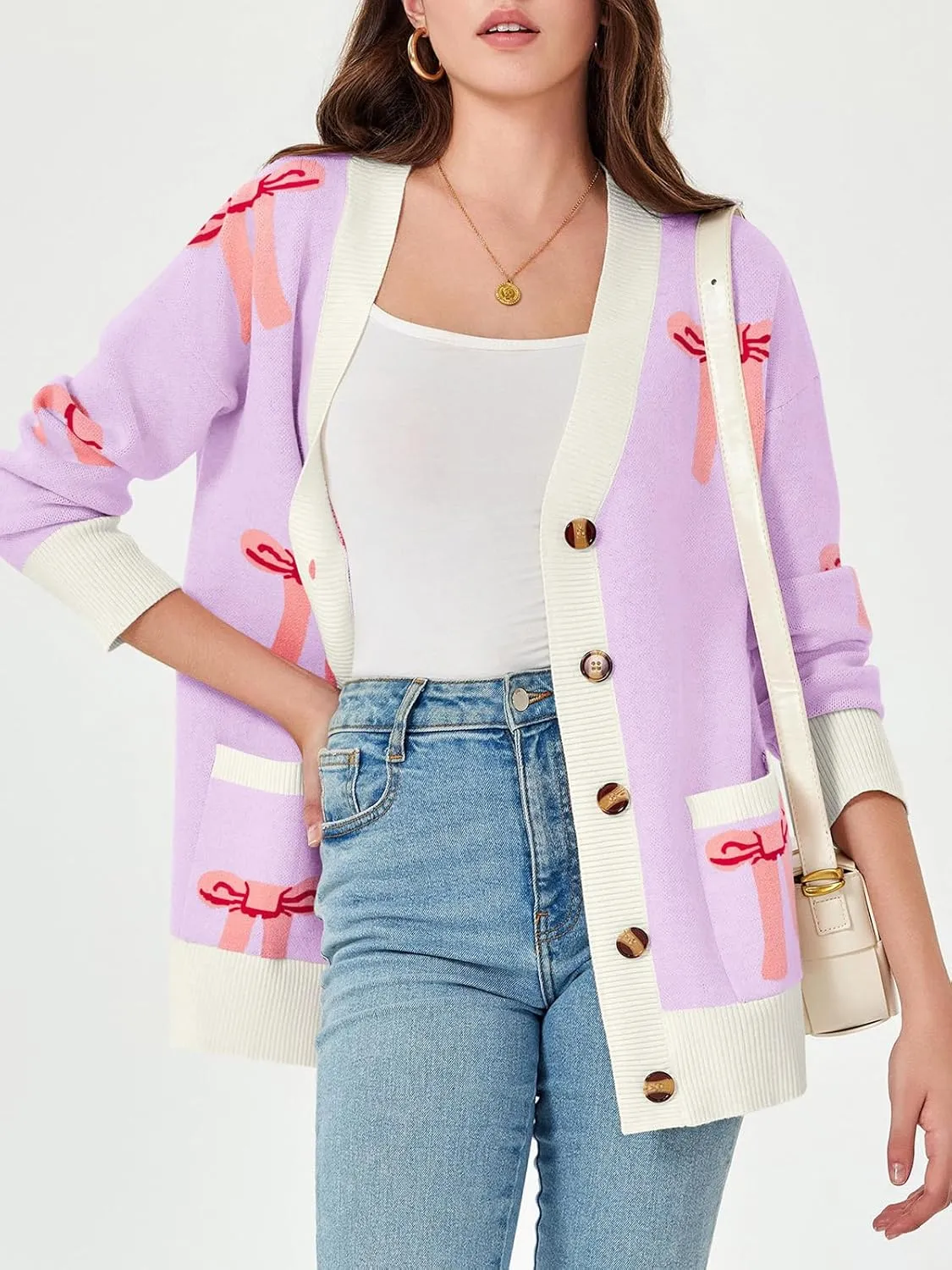 Saodimallsu Womens Oversized Cardigan Sweaters Bow Printed Button V Neck Long Sleeve Loose Knit Fall Trendy Coats