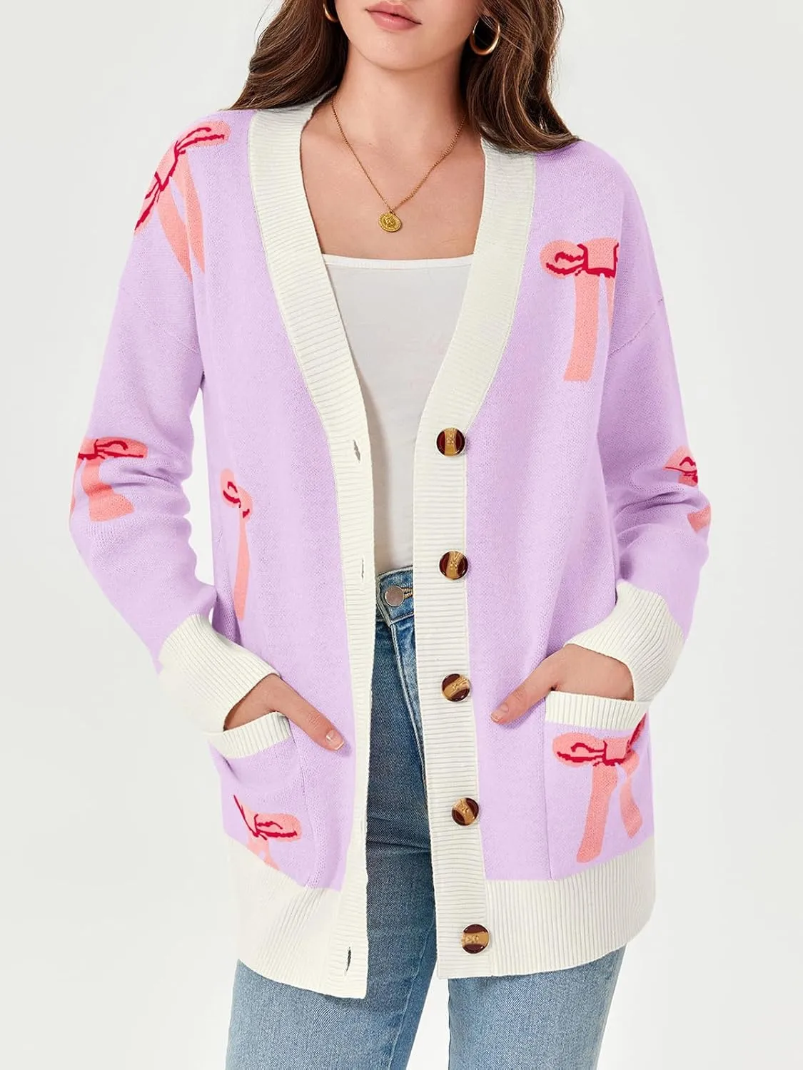 Saodimallsu Womens Oversized Cardigan Sweaters Bow Printed Button V Neck Long Sleeve Loose Knit Fall Trendy Coats