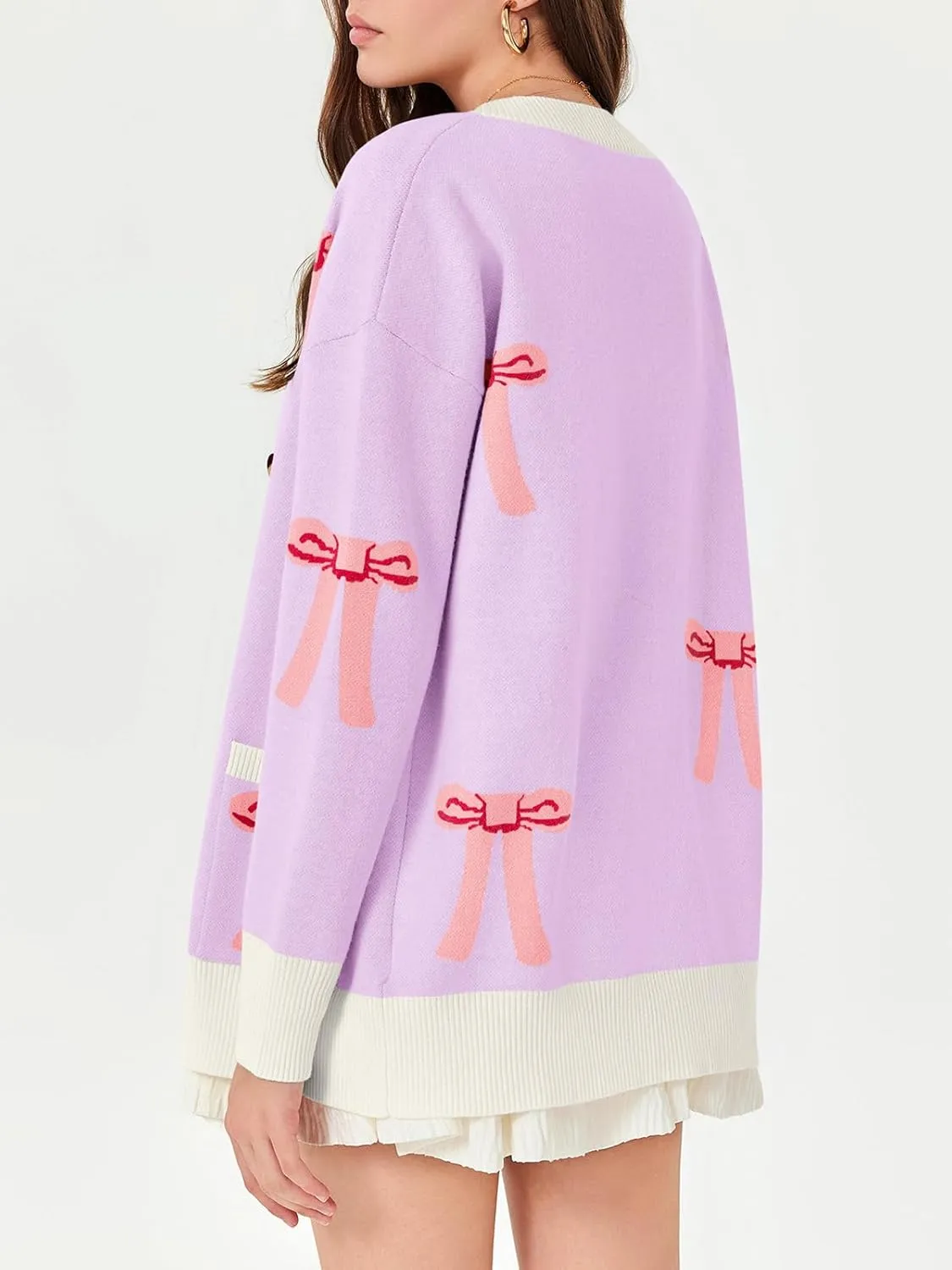 Saodimallsu Womens Oversized Cardigan Sweaters Bow Printed Button V Neck Long Sleeve Loose Knit Fall Trendy Coats