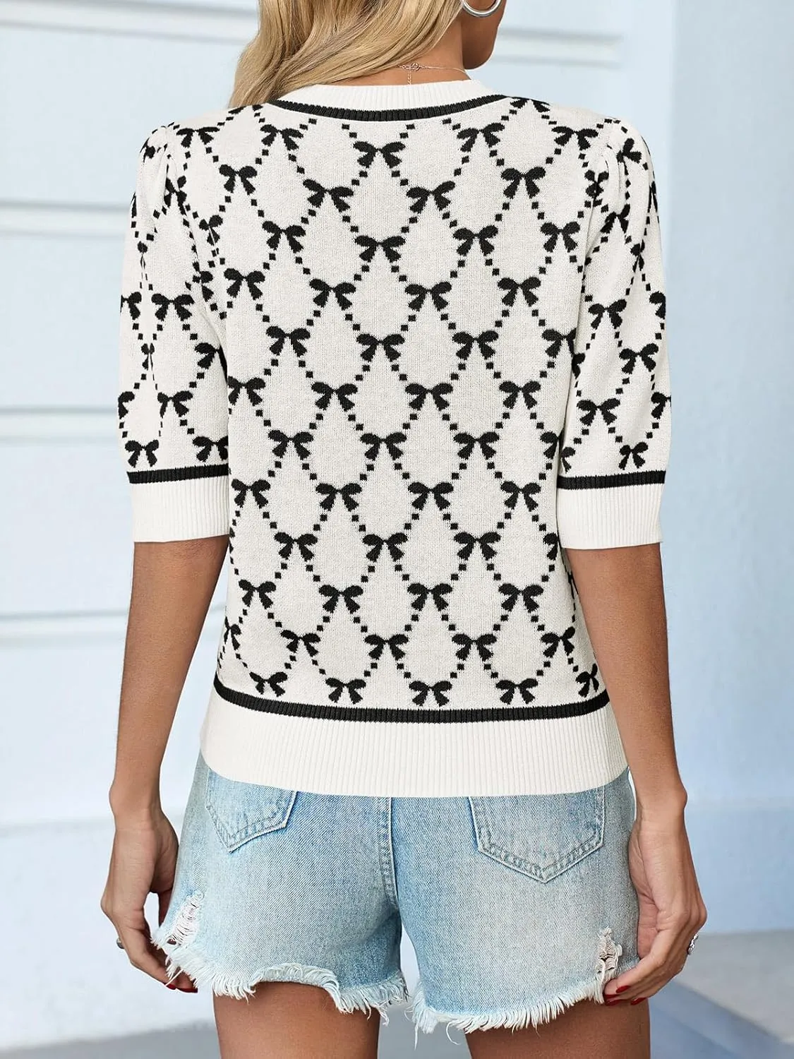 Saodimallsu Womens Puff Short Sleeve Sweater Cute Bow Knit Casual Crew Neck Loose Fit Summer Trendy Pullover Tops