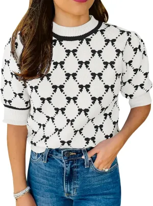 Saodimallsu Womens Puff Short Sleeve Sweater Cute Bow Knit Casual Crew Neck Loose Fit Summer Trendy Pullover Tops