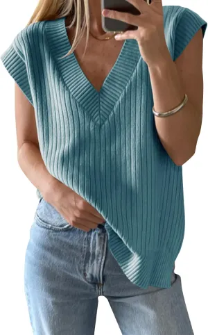 Saodimallsu Womens V Neck Sweater Vest Oversized Ribbed Knit Sleeveless Casual Loose Fit Pullover Tank Top
