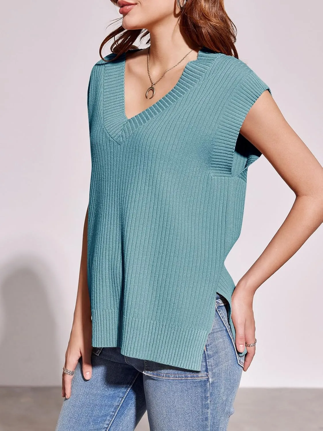 Saodimallsu Womens V Neck Sweater Vest Oversized Ribbed Knit Sleeveless Casual Loose Fit Pullover Tank Top