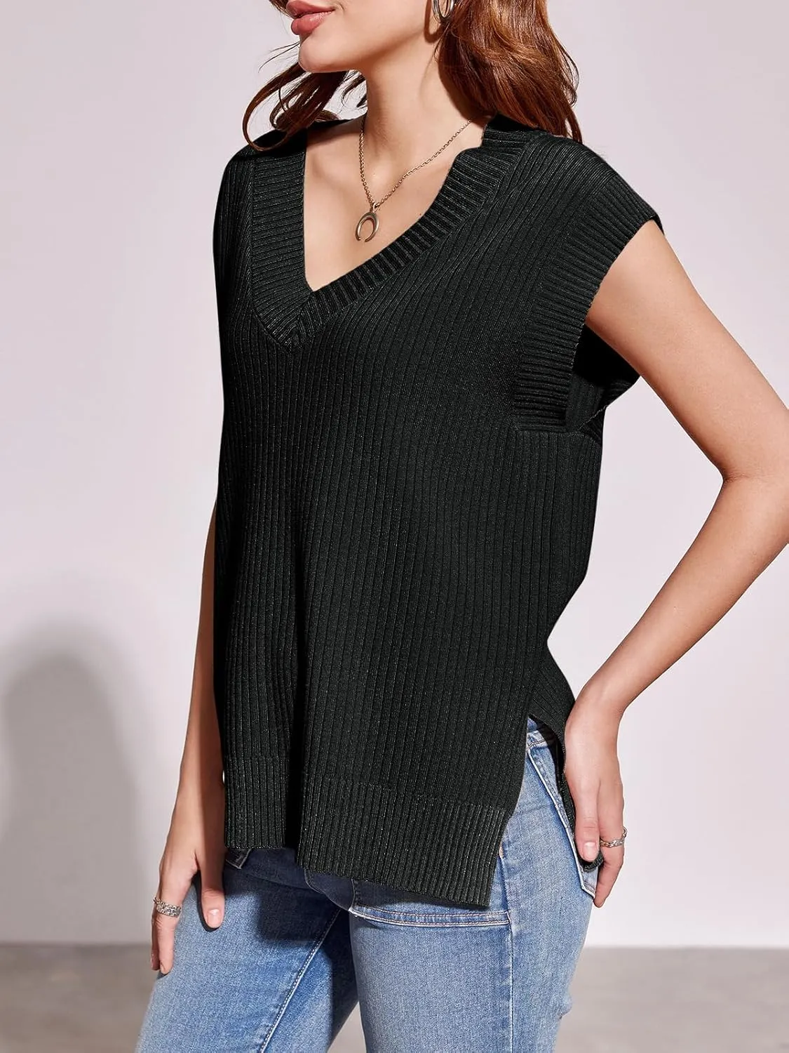 Saodimallsu Womens V Neck Sweater Vest Oversized Ribbed Knit Sleeveless Casual Loose Fit Pullover Tank Top
