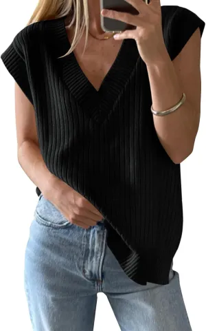 Saodimallsu Womens V Neck Sweater Vest Oversized Ribbed Knit Sleeveless Casual Loose Fit Pullover Tank Top