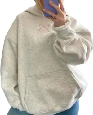 Sastianaen Cute Bow Hoodies for Women Y2k Oversized Embroidered Hoodies Vintage Pullover Sweatshirt Streetwear