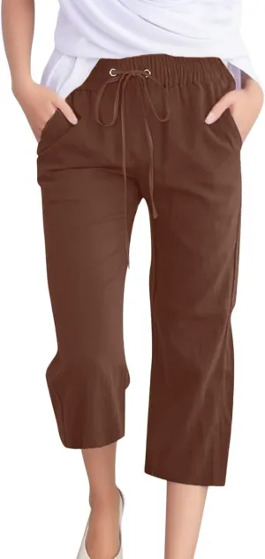 sdbrld Womens Linen Pants High Waisted Summer Capri Pants Elastic Waist Solid Pants Comfy Straight Leg Trousers with Pockets