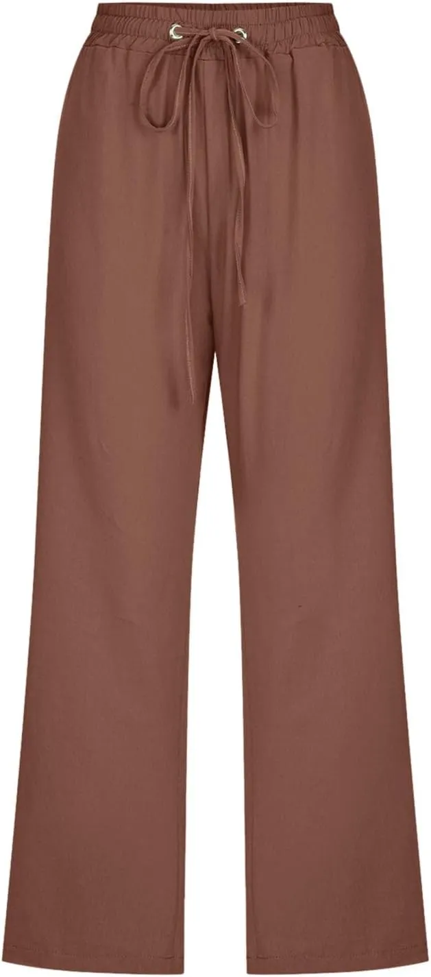 sdbrld Womens Linen Pants High Waisted Summer Capri Pants Elastic Waist Solid Pants Comfy Straight Leg Trousers with Pockets