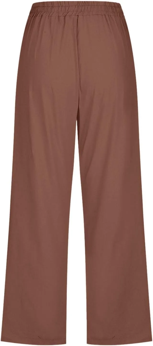 sdbrld Womens Linen Pants High Waisted Summer Capri Pants Elastic Waist Solid Pants Comfy Straight Leg Trousers with Pockets