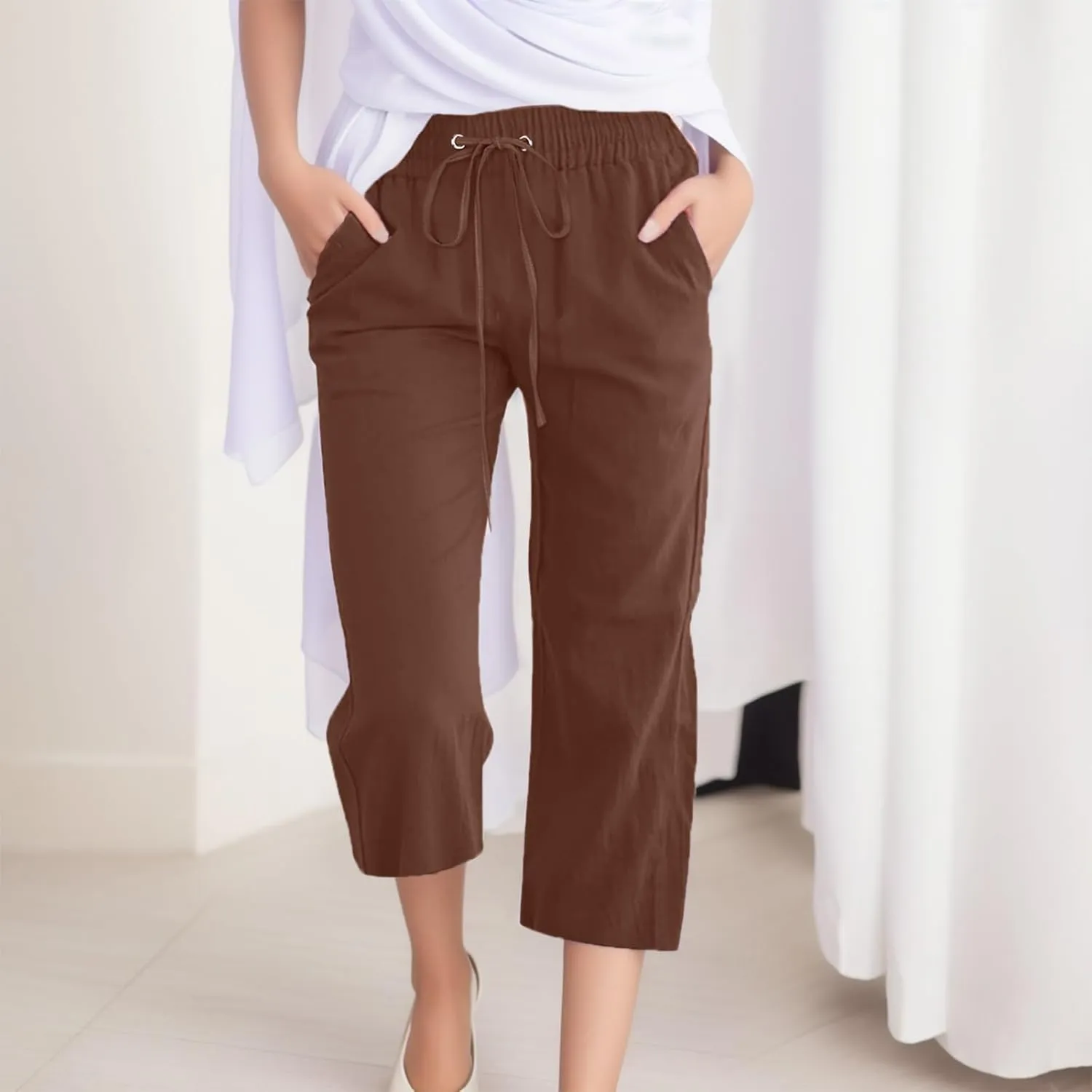 sdbrld Womens Linen Pants High Waisted Summer Capri Pants Elastic Waist Solid Pants Comfy Straight Leg Trousers with Pockets