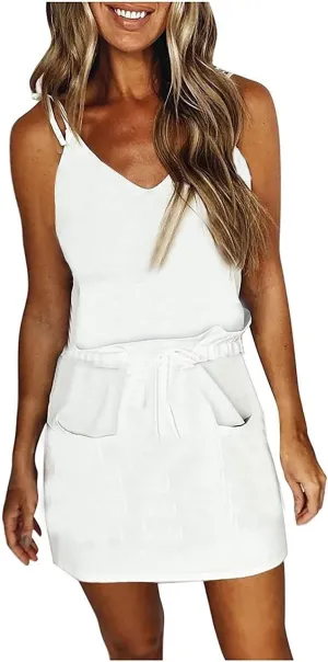SERYU Women Summer Casual Sleeveless Dresses Spaghetti Strap V-Neck Mini Dress Party Beach Sundress with Pocket