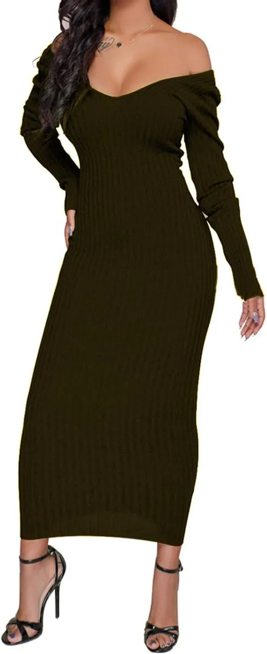 SheKiss Women's Off Shoulder Long Sleeves Bodycon Sweater Dress Sexy Knit Slim Cardigans