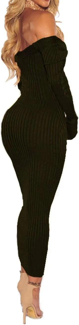 SheKiss Women's Off Shoulder Long Sleeves Bodycon Sweater Dress Sexy Knit Slim Cardigans