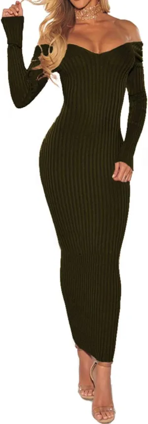 SheKiss Women's Off Shoulder Long Sleeves Bodycon Sweater Dress Sexy Knit Slim Cardigans