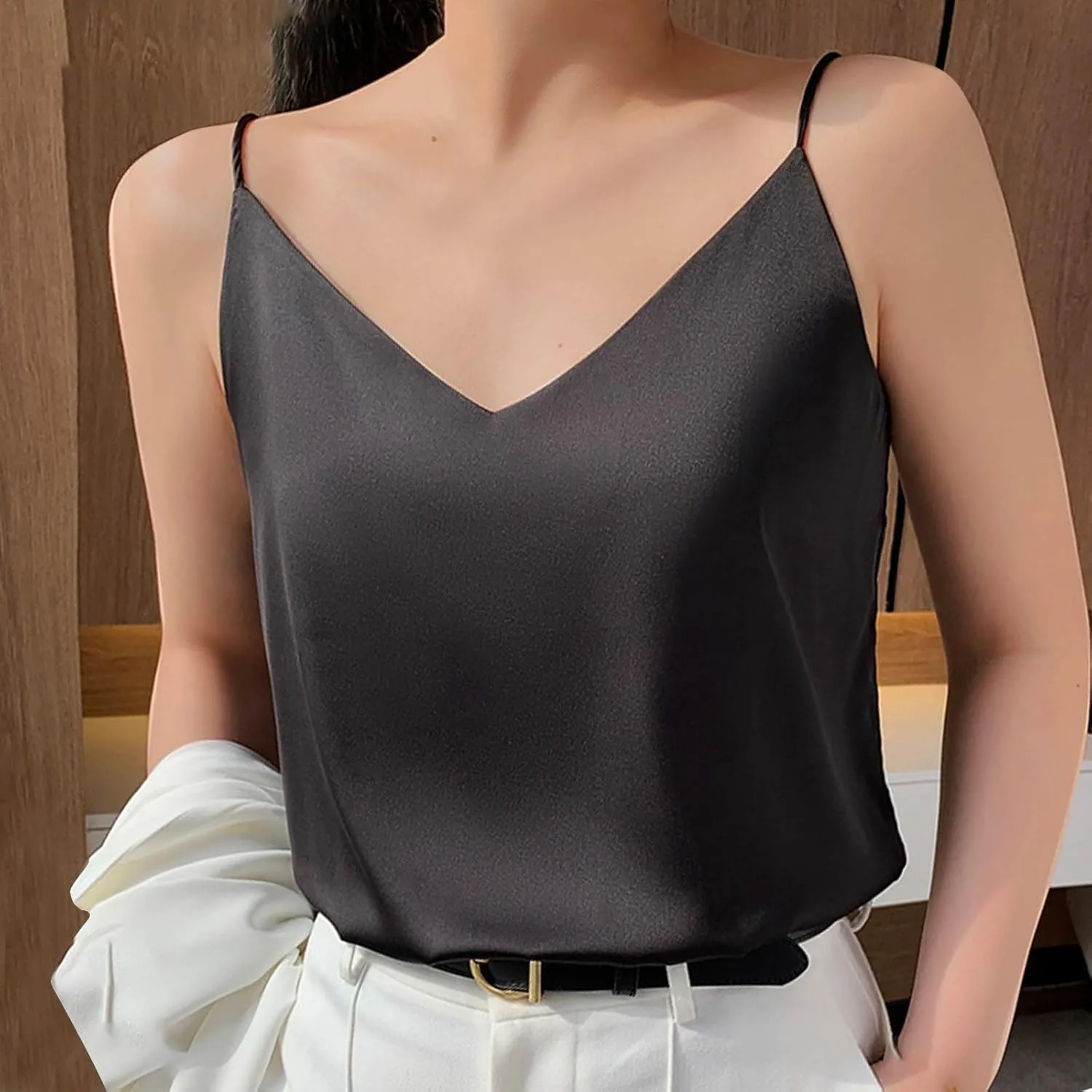 Silk Satin Tank Tops for Women V Neck Camisole Sleeveless Cami Tops Spaghetti Strap Dressy Casual Blouses Basic Tee