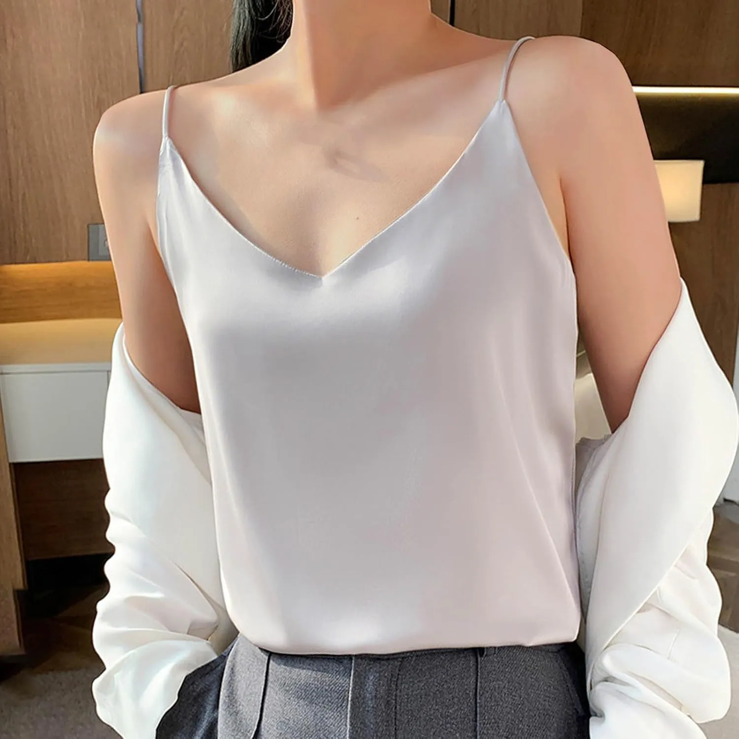 Silk Satin Tank Tops for Women V Neck Camisole Sleeveless Cami Tops Spaghetti Strap Dressy Casual Blouses Basic Tee