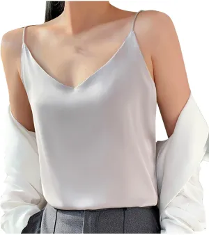 Silk Satin Tank Tops for Women V Neck Camisole Sleeveless Cami Tops Spaghetti Strap Dressy Casual Blouses Basic Tee