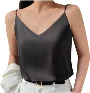 Silk Satin Tank Tops for Women V Neck Camisole Sleeveless Cami Tops Spaghetti Strap Dressy Casual Blouses Basic Tee