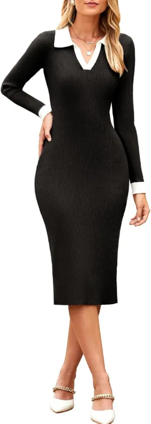 Simplee Womens Long Sleeve Sweater Midi Dress V Neck Casual Slim Fit Bodycon Knit Ribbed Slit Long Dress for Fall Winter