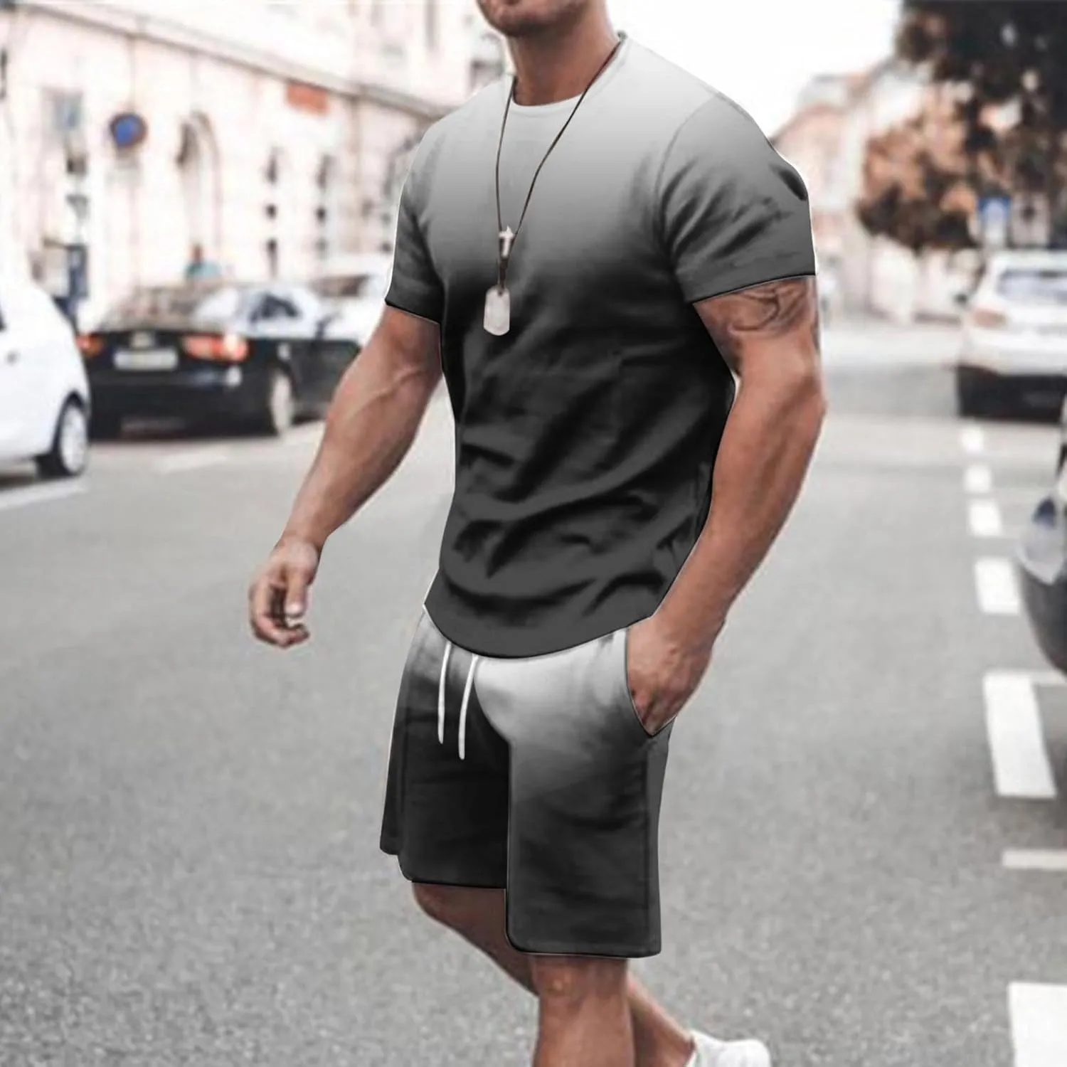 Sinzelimin Sport Casual Set for Men Two Piece Tracksuit O-Neck Short Sleeves Tees Shirts Shorts Sweatpant Jogger Workout Suit