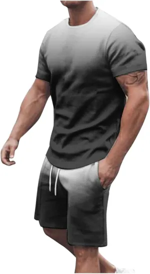 Sinzelimin Sport Casual Set for Men Two Piece Tracksuit O-Neck Short Sleeves Tees Shirts Shorts Sweatpant Jogger Workout Suit