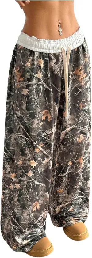 SOLY HUX Women's Camo Pants Wide Leg Baggy Sweatpants Elastic Waist Drawstring Loose Pants Trendy Y2K Drawstring Trousers