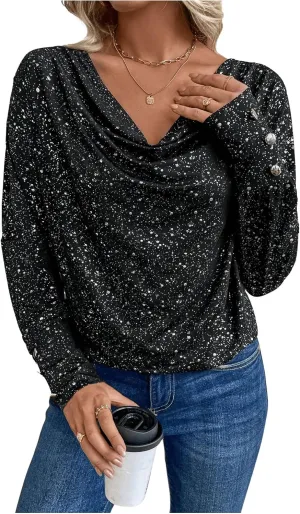 SOLY HUX Women's Cowl Neck Ruched Tops Draped Front Long Sleeve Tee T Shirt Teacher Outfits Work Tops