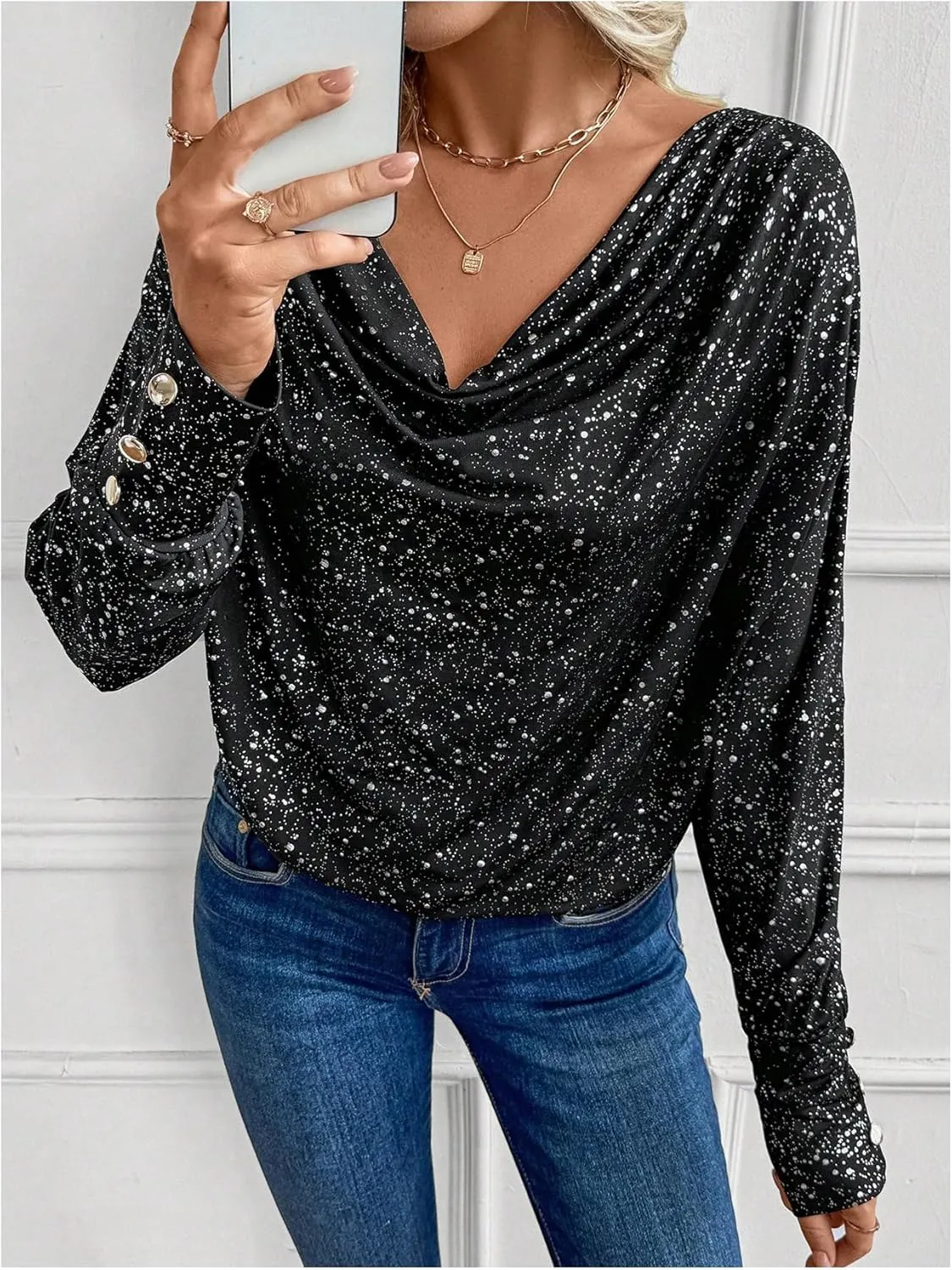 SOLY HUX Women's Cowl Neck Ruched Tops Draped Front Long Sleeve Tee T Shirt Teacher Outfits Work Tops
