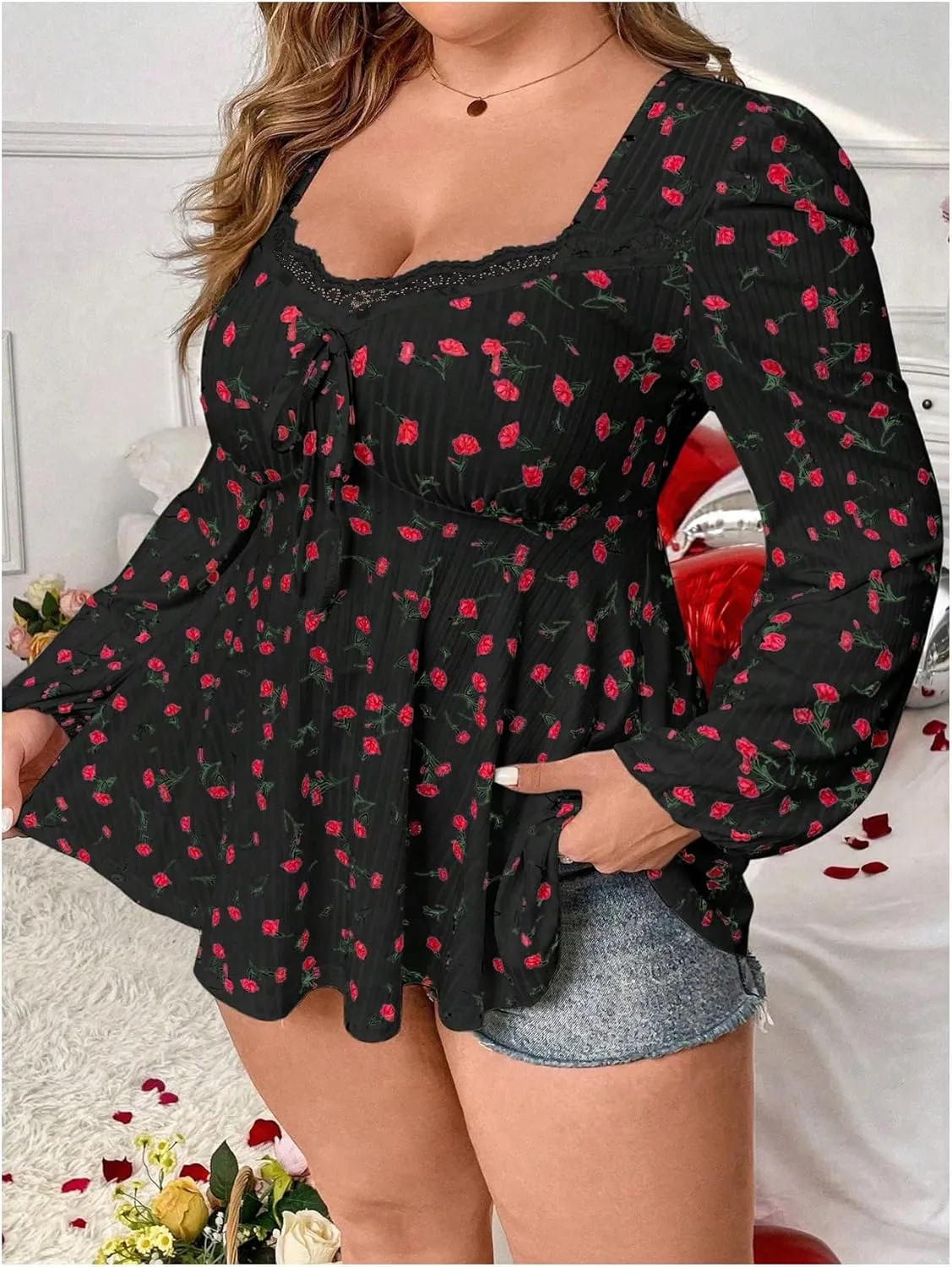 SOLY HUX Women's Plus Size T Shirt Floral Print Lace Trim Bishop Long Sleeve Ruffle Hem Tee Tops