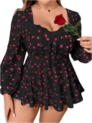 SOLY HUX Women's Plus Size T Shirt Floral Print Lace Trim Bishop Long Sleeve Ruffle Hem Tee Tops