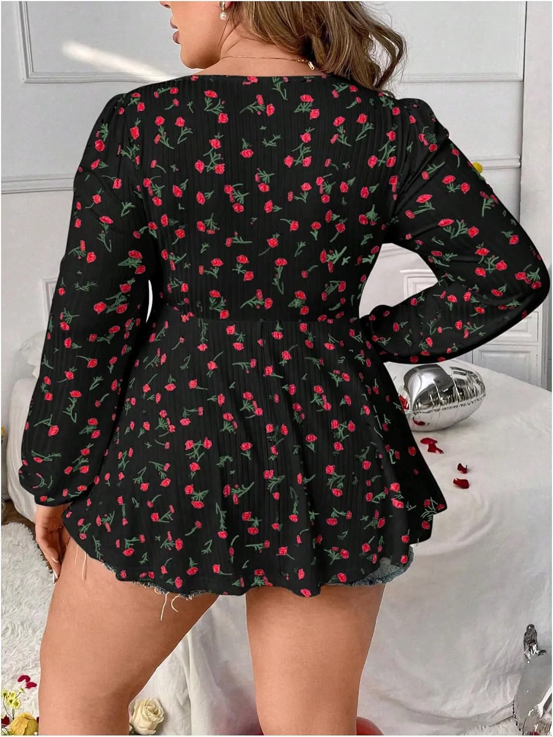 SOLY HUX Women's Plus Size T Shirt Floral Print Lace Trim Bishop Long Sleeve Ruffle Hem Tee Tops