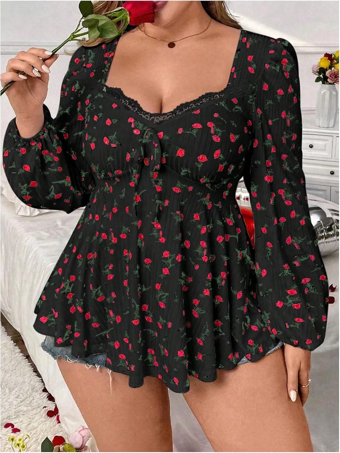 SOLY HUX Women's Plus Size T Shirt Floral Print Lace Trim Bishop Long Sleeve Ruffle Hem Tee Tops