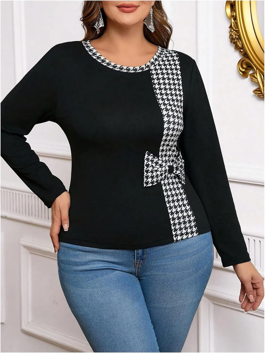 SOLY HUX Women's Plus Size Tops Plaid Bow Long Sleeve T Shirt Crew Neck Slim Fitted Tee