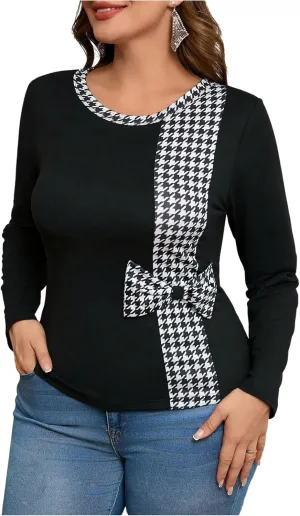 SOLY HUX Women's Plus Size Tops Plaid Bow Long Sleeve T Shirt Crew Neck Slim Fitted Tee