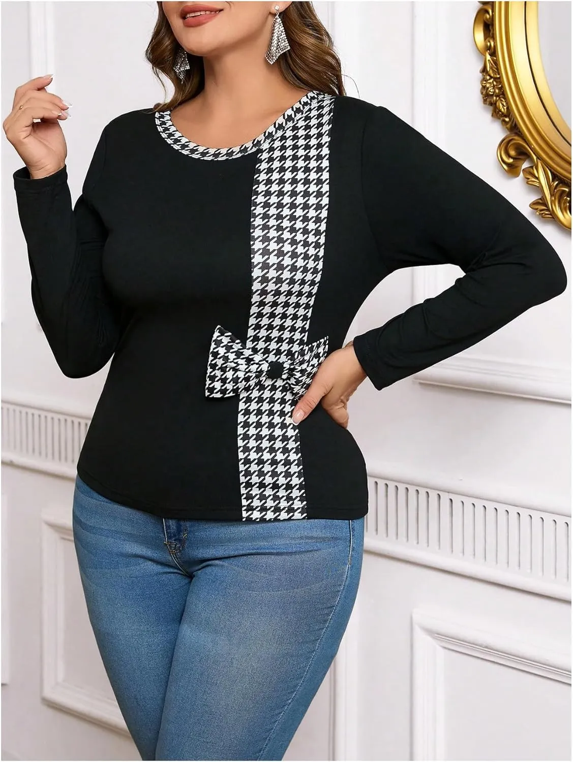SOLY HUX Women's Plus Size Tops Plaid Bow Long Sleeve T Shirt Crew Neck Slim Fitted Tee
