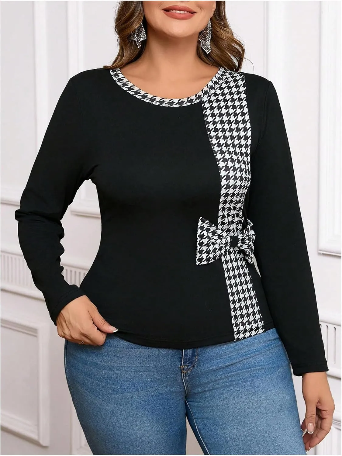 SOLY HUX Women's Plus Size Tops Plaid Bow Long Sleeve T Shirt Crew Neck Slim Fitted Tee