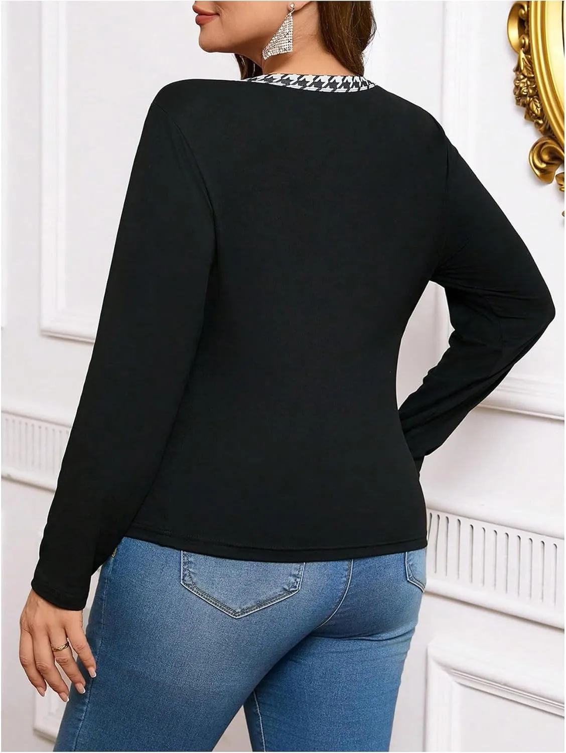 SOLY HUX Women's Plus Size Tops Plaid Bow Long Sleeve T Shirt Crew Neck Slim Fitted Tee