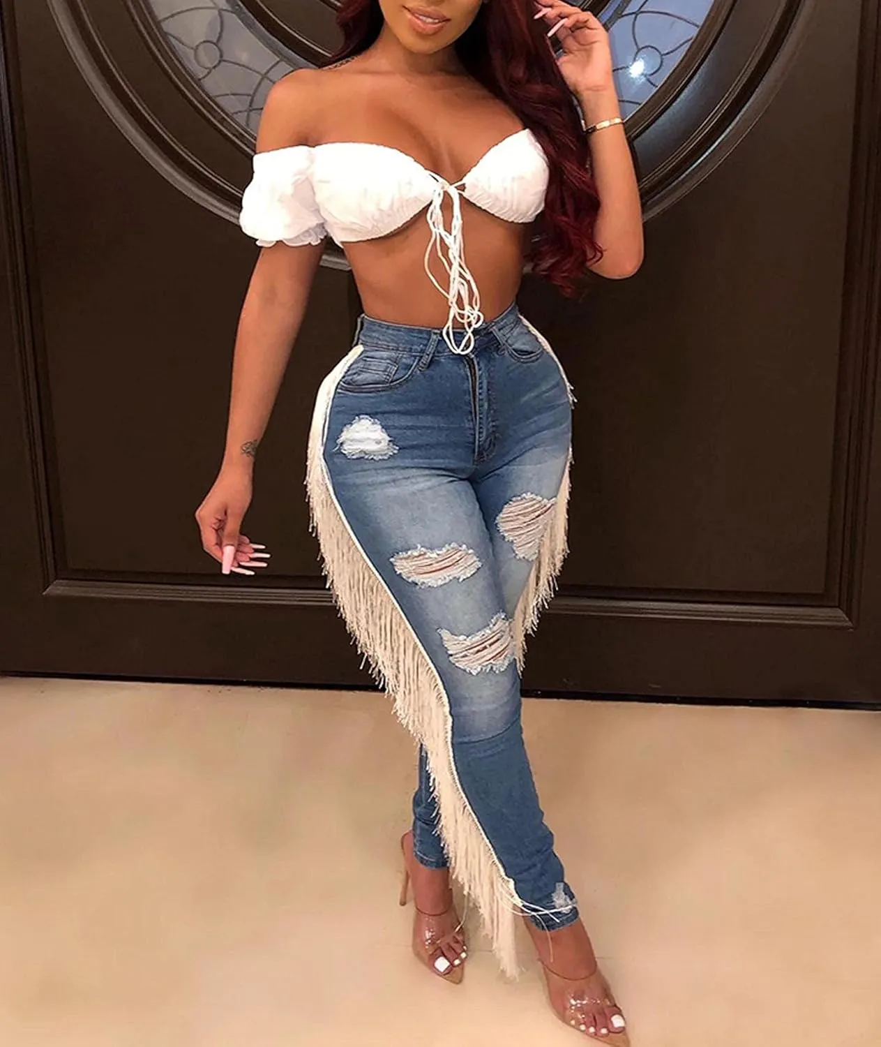 SOMTHRON Women's Tassel High Waisted Ripped Skinny Jeans Distressed Destroyed Long Fringe Denim Pants Hip Hop Streetwear