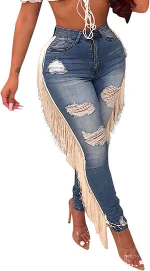 SOMTHRON Women's Tassel High Waisted Ripped Skinny Jeans Distressed Destroyed Long Fringe Denim Pants Hip Hop Streetwear