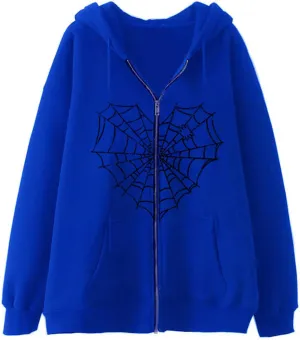 Spider Web Love Heart Hoodie Men Women, Full Zip Up Graphic Print Y2k Hoodies Oversized Jackets