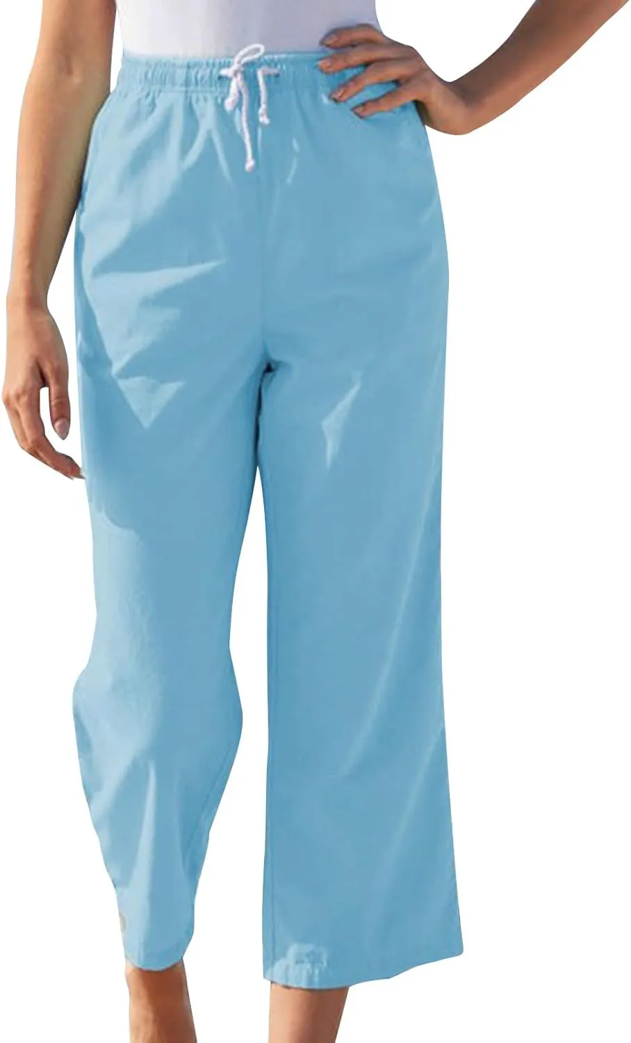 Straight Wide Leg Pants for Women Summer Trendy Cotton Linen Ankle Pants Drawstring Elastic Waist Cropped Trousers