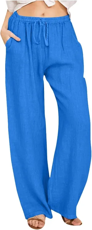 Stretchy Pants for Women Solid Color Lightweight Beach Drawstring Elastic High Waist Pants Straight Leg Casual Loose Trousers