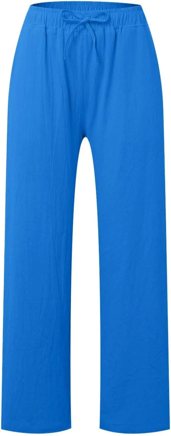 Stretchy Pants for Women Solid Color Lightweight Beach Drawstring Elastic High Waist Pants Straight Leg Casual Loose Trousers