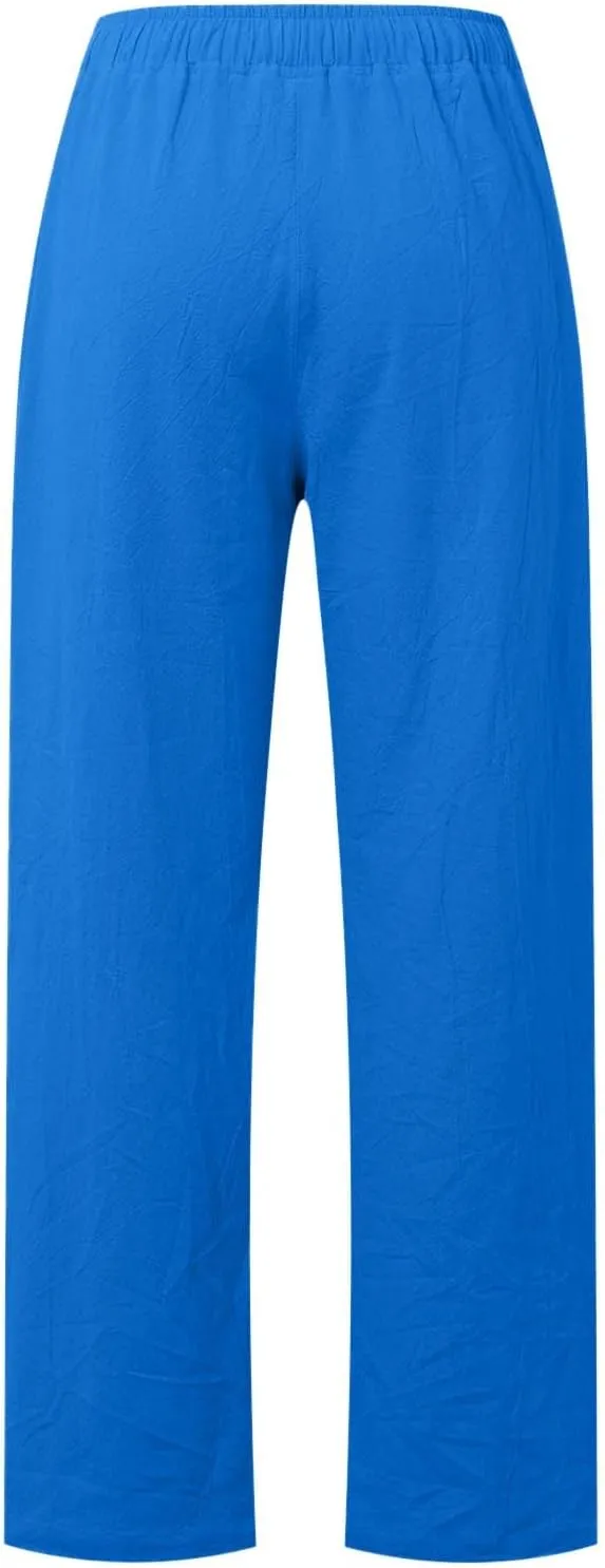 Stretchy Pants for Women Solid Color Lightweight Beach Drawstring Elastic High Waist Pants Straight Leg Casual Loose Trousers