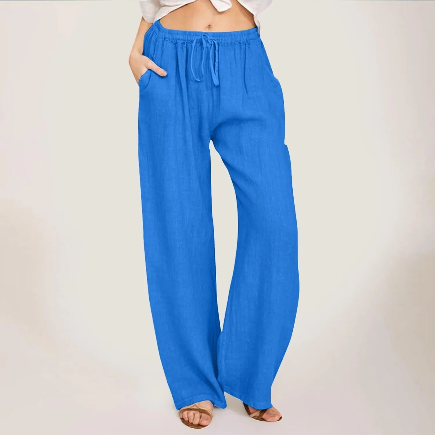 Stretchy Pants for Women Solid Color Lightweight Beach Drawstring Elastic High Waist Pants Straight Leg Casual Loose Trousers