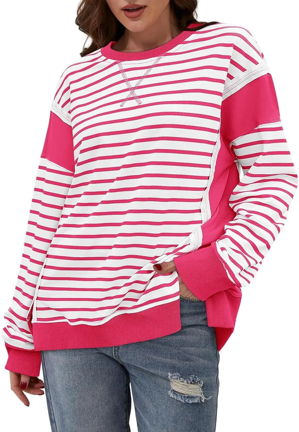 Striped Crew Neck Sweatshirts Women Cute Preppy Teen Girls Sweatshirts Comfy Y2k Fall Outfits Tops