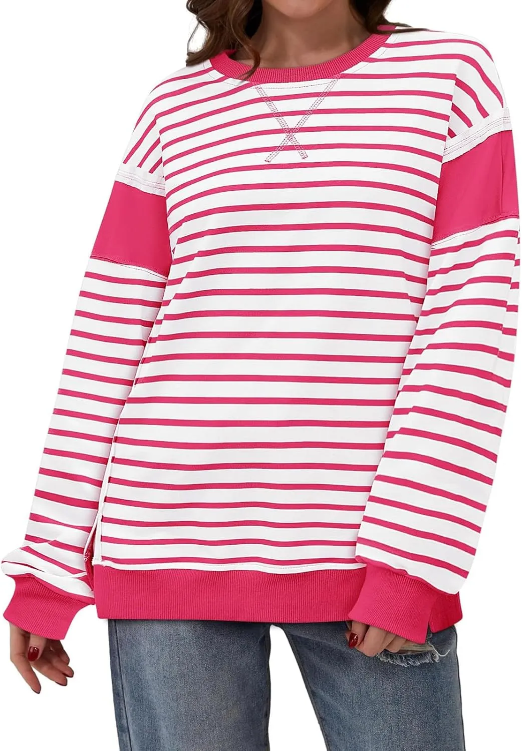 Striped Crew Neck Sweatshirts Women Cute Preppy Teen Girls Sweatshirts Comfy Y2k Fall Outfits Tops