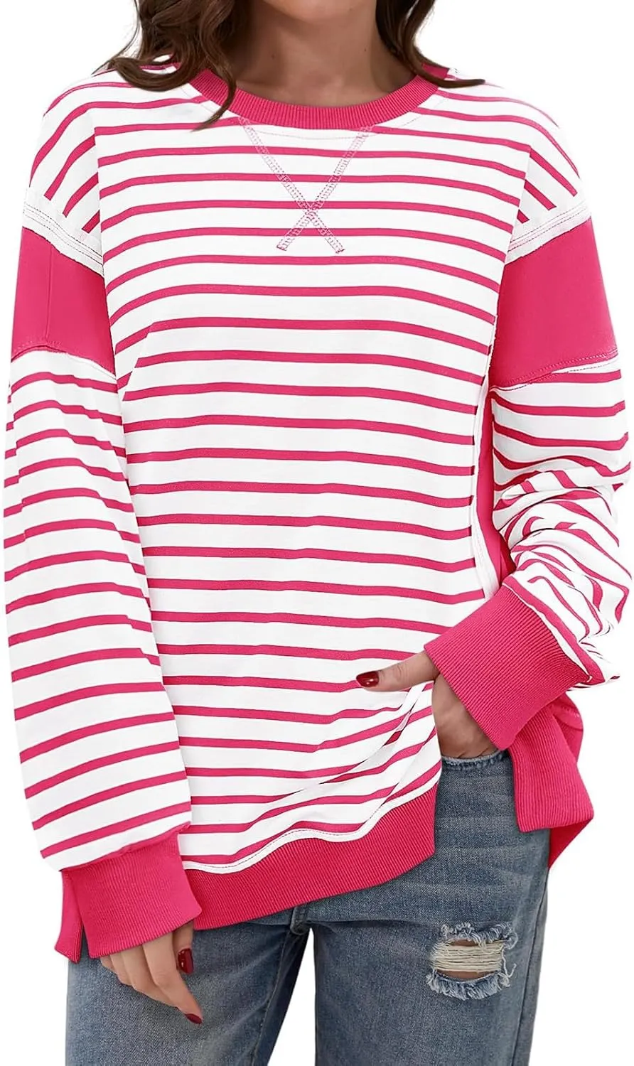 Striped Crew Neck Sweatshirts Women Cute Preppy Teen Girls Sweatshirts Comfy Y2k Fall Outfits Tops