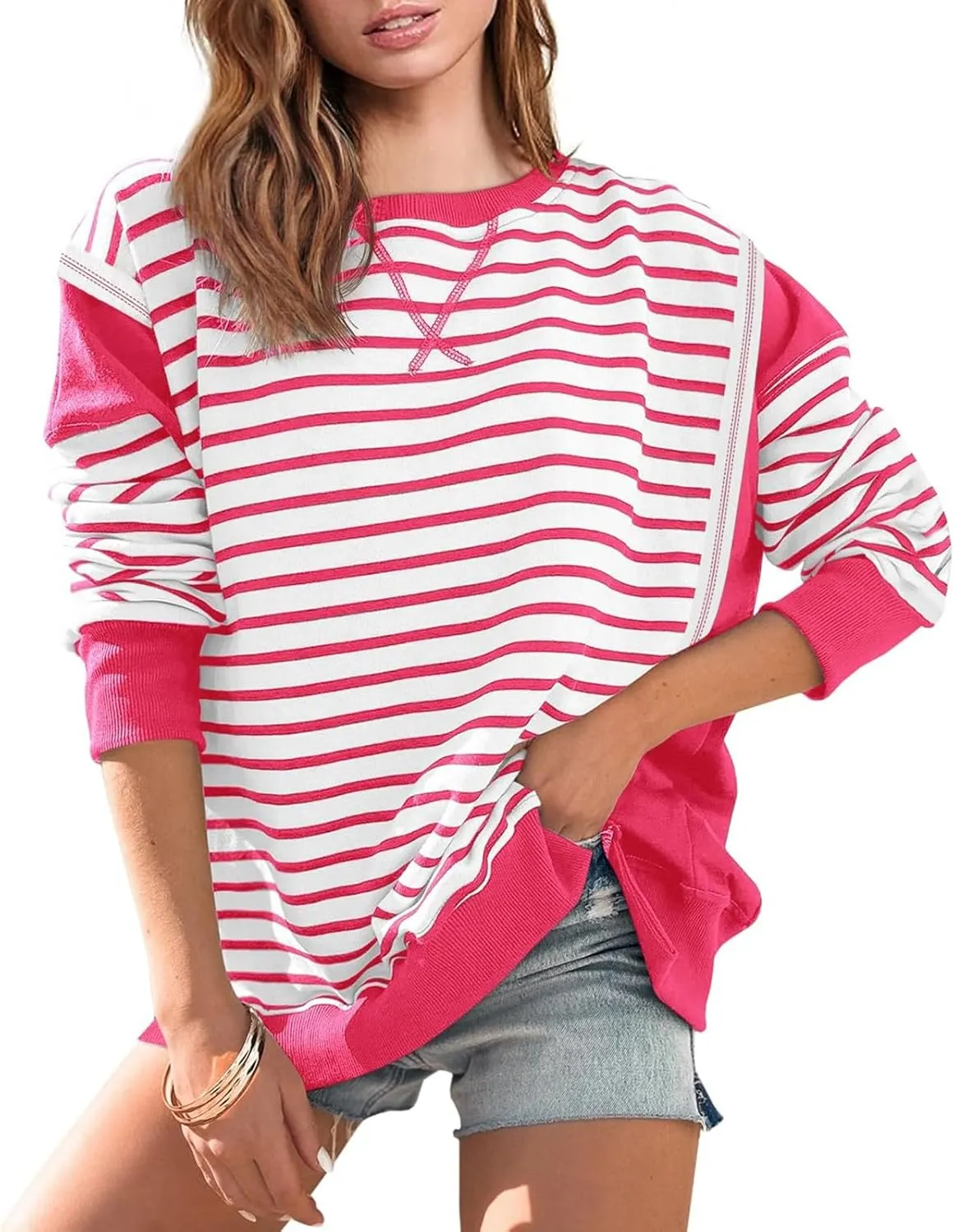 Striped Crew Neck Sweatshirts Women Cute Preppy Teen Girls Sweatshirts Comfy Y2k Fall Outfits Tops