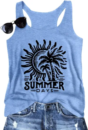 Summer Beach Tank Tops for Women Retro Sunshine Coconut Tree Graphic Sleeveless Tee Hawaiian Family Vacation Tops